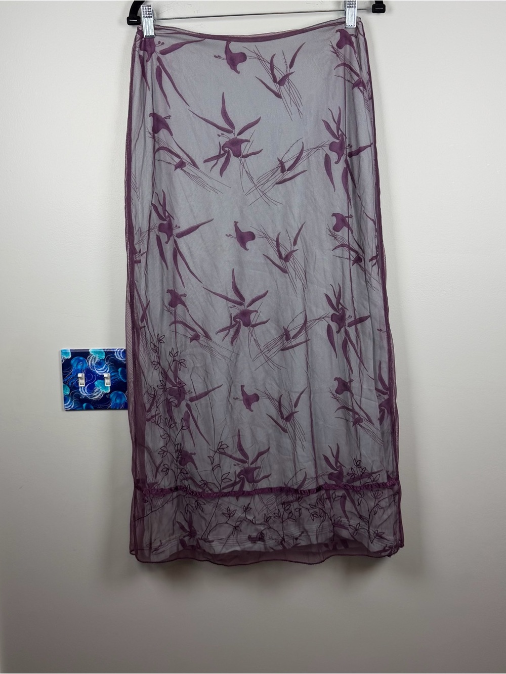 FORK Purple Mesh Floral Embroidered Asian Mesh Midi Skirt Size 8 Fairy Y2K Indie